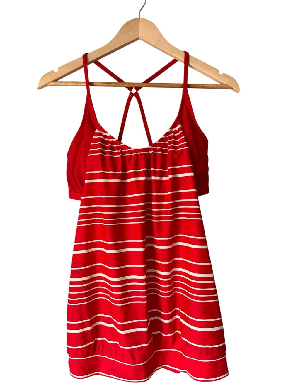 Athleta Red & White Striped Tankini Swim Athletic Top with Built-In Bra, 36B/C